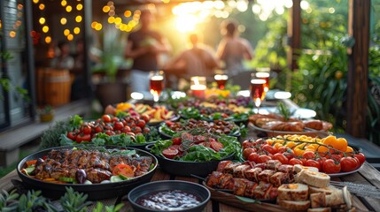 A delicious outdoor summer spread of food and drinks with friends