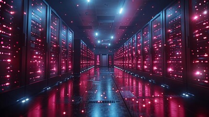 A futuristic data center with pink neon lights illuminating the aisles between tall racks of servers.