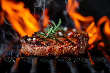Grilled Beef Steak with spices. Bbq concept with flame. Meat is fried on grill