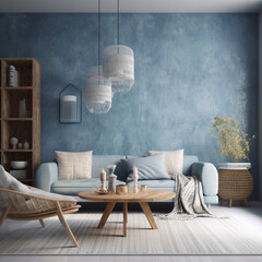 Modern cozy living room with a blue wall texture background and a shabby chic touch