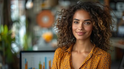 A photo of a young woman with curly hair smiling at the camera. She is wearing a yellow blouse with black polka dots and has a confident expression on her face.