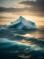 A majestic iceberg illuminated by the light of the sun surrounded by a sea of glassy waves