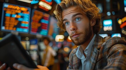 Obraz premium A young man in a suit is looking at a tablet in front of a large screen with stock market data.