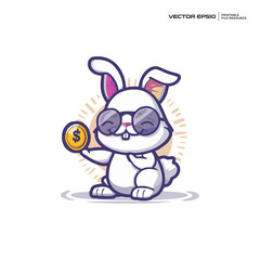 cute bunny get coins, character, mascot, logo, design, illustration, eps 10