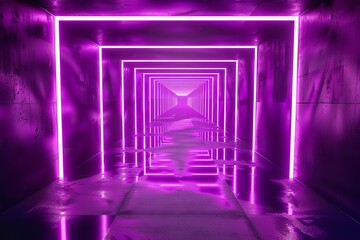 Square tunnel with neon light abstract background. Generative Ai