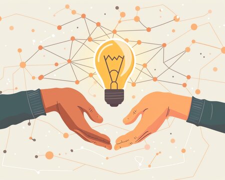 Closeup of hands passing a lightbulb, the universal symbol for ideas, with vector lines and nodes connecting them, representing shared innovation