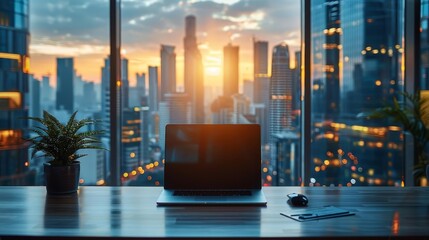 An open laptop sits on a desk in an office overlooking a large city at sunset.
