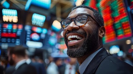 Black man in glasses smiles in front of stock market board.