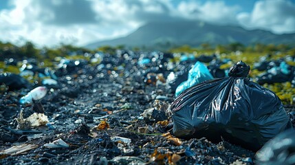 Black garbage bag in a landfill with a mountain in the background