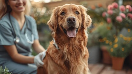 Cute golden retriever being examined by a vet