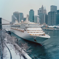 The luxury ship travels to the pier in the middle of the city with the appearance of the ship's bold hull texture and attracts the eye when winter arrives
