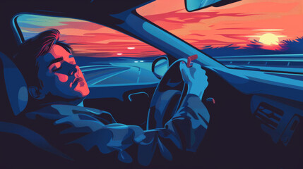An artistic rendition of a man's relaxed sunset drive, the vibrant colors creating a mood of peaceful reflection and solitude.