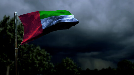 United Arab Emirates flag for day of the flag on dark storm cumulus clouds - abstract 3D rendering