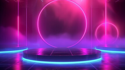 Futuristic Neon Circles in a Dark Room