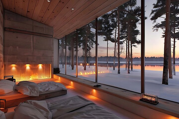 soft cozy bedroom with snowy forest view in a winter time. Beautiful view at window resort.