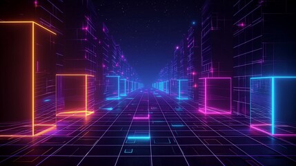 Neon Grid Cityscape in Virtual Reality Style