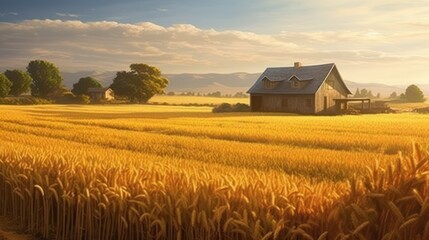 a wheat field and a storage shed in the middle of the field