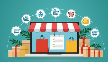 Fototapeta premium concept delivery shopping online screen shop store web which computer laptop cart bag boxes package product box sale buy commerce price shipping purchase order business
