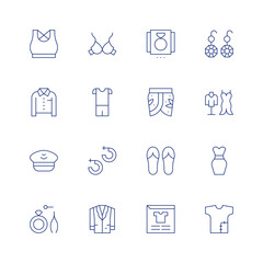 Fashion line icon set on transparent background with editable stroke. Containing top, tshirt, pilothat, jewelry, bra, jacket, pijama, earrings, fashion, beach, review, product.