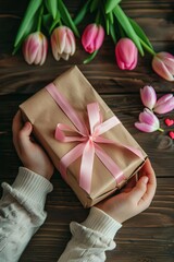 Mother's Day theme. Mother's hands offer daughter gift with tulips and pink ribbon.