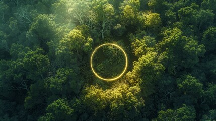 neon circle shining brightly in the center of a dense forest, of green and yellow