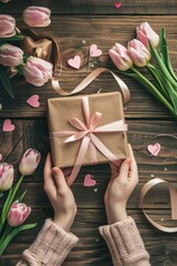 Mother's Day theme. Mother's hands presenting daughter with gift wrapped in brown paper and tied with pink ribbon.