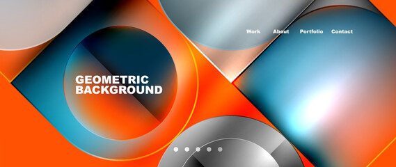 A colorful geometric background featuring circles and squares in shades of orange and electric blue. The design resembles automotive tires and rims with a modern font style
