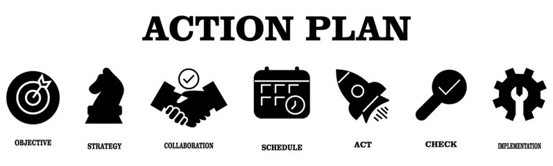 Action Plan icons banner. Action Plan banner with icons of Objective, Strategy, Collaboration, Schedule, Act, Check, and Implementation. Vector illustration