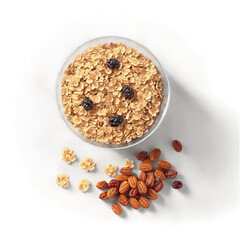 Hearty oatmeal in see through bowl steam rising raisins tumbling brown sugar sprinkling Vitrum avena