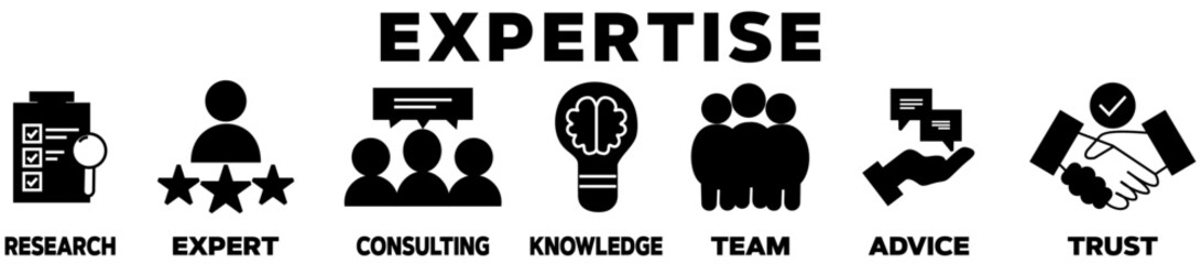 Expertise icons banner. Expertise banner with icons of Expert, Communication, Knowledge, Team, Trust, Research. Vector illustration