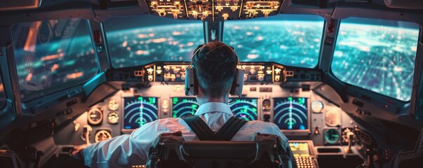 Obraz premium Pilot Operating Advanced Airplane Cockpit A professional pilot focused on navigating, seated in a high-tech airplane cockpit aglow with illuminated controls and displays. 