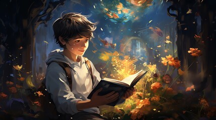 Inquisitive boy on a giant book in a radiant botanical garden, pages aglow, creating a fantastical reading environment