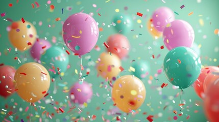 A festive scene featuring colorful balloons and confetti of serene green