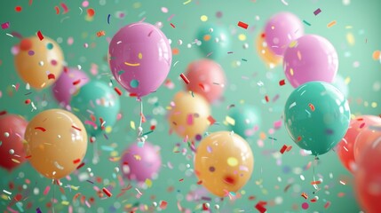 A festive scene featuring colorful balloons and confetti of serene green