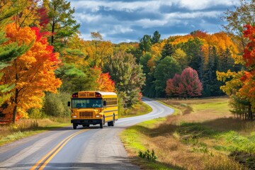 Obraz premium Bright yellow school bus drives along a scenic countryroad with vibrant fall foliage lining the way.