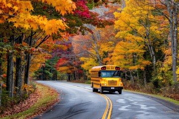 Bright yellow school bus drives along a scenic countryroad with vibrant fall foliage lining the way.