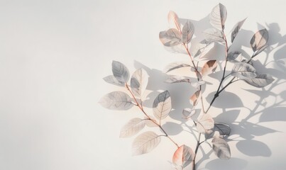 Branches with delicate leaves casting soft shadows on a plain surface