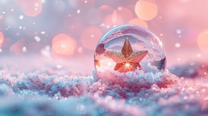A glass snow, globe, with a golden star inside, resting on a pastel podium