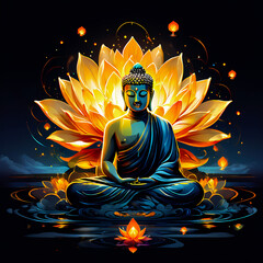 Obraz premium Meditating buddha statue in the lotus position, bioluminescent flowers blooming abstract background 