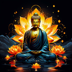 Obraz premium Meditating buddha statue in the lotus position, bioluminescent flowers blooming abstract background 