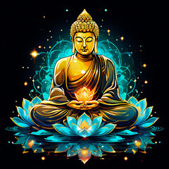 Obraz premium Meditating buddha statue in the lotus position, bioluminescent flowers blooming abstract background 