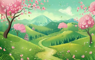 Cartoon spring landscape. Art illustration. very beautiful 3d vector background