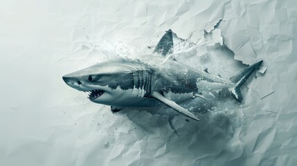 A powerful image of a shark bursting through a hole in a paper background