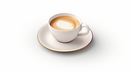 A white cup with a heart-shaped coffee foam design on a saucer with a gold rim, isolated against a white background
