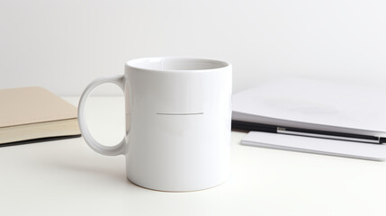 A white mug with a sleek black line design rests on a desk beside a closed notebook and an open book