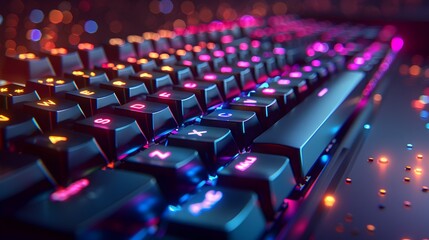 Obraz premium Glowing and Pulsing RGB-Illuminated Gaming Keyboard with Dynamic Lighting Effects in Dramatic Studio Setting