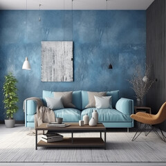 Modern cozy living room with a blue wall texture background and a contemporary touch --v 5.0 - Image #1 @MAAALI