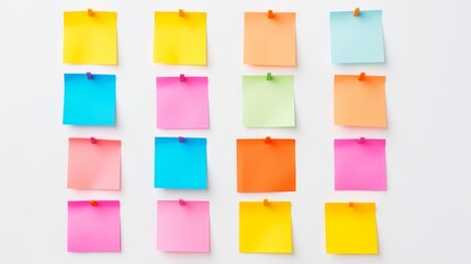 a vibrant array of colorful sticky notes neatly pinned against a white backdrop