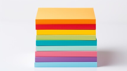 colorful sticky note arranged in a gradient from yellow to purple, against a white backdrop