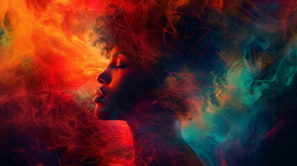 A woman head, emerging from a dark background, surrounded by a halo of colorful geometric patterns